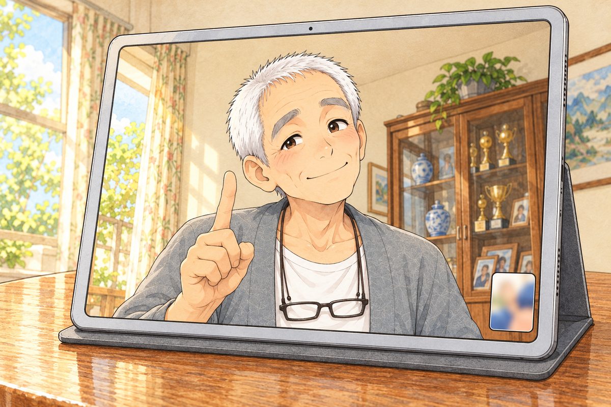 On the tablet screen, Bridge City in SUMMER, gold light. Grandpa's eyebrows go up, then his sly old smile comes back, and he wags one finger at the screen. His face in the middle of the screen. His cardigan below is the quiet area.