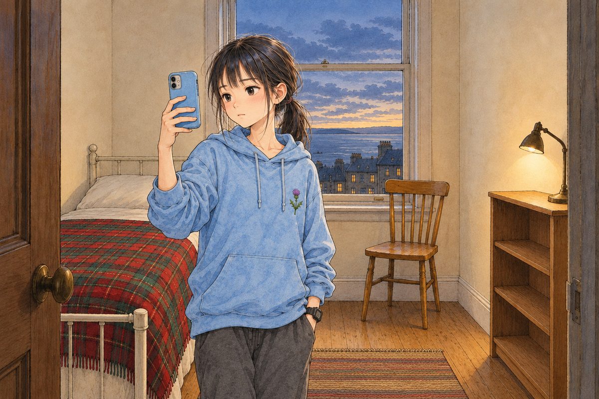 SUMMER night in Edinburgh, ten o'clock and still light, a long blue-gold dusk over the sea in the tall sash window. Xiaoyu stands at the window in her sky-blue hoodie holding her pale-blue phone up in her RIGHT hand the ordinary selfie way, its screen facing her, its back towards us, looking at herself in it, serious and steady, not pulling a face. Her black watch on her LEFT wrist. Her face in three-quarter in the middle of the panel. The bright dusk sky in the window above is the quiet area.