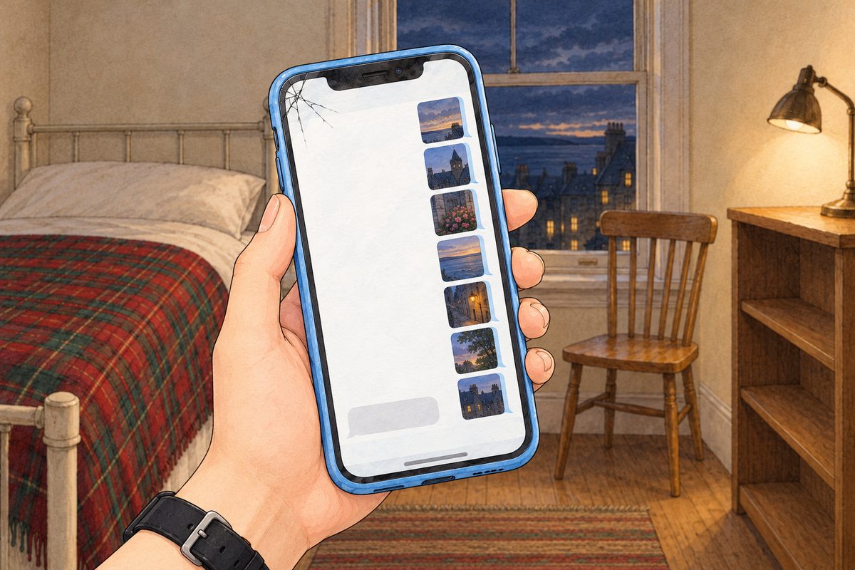 SUMMER night, the phone in Xiaoyu's hand, her black watch on her LEFT wrist at the edge. On the screen a chat: a long row of small square photo thumbnails she has sent on the right, too small to make out, and one pale-grey bubble on the left just arrived. NO letters painted.