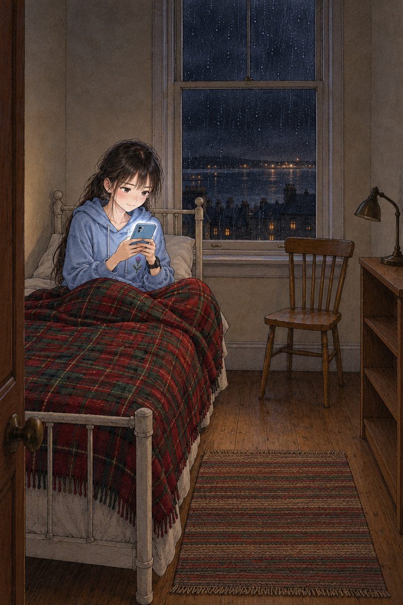 Night in the wee room in October, the tall sash window on the back wall black, a few far harbour lights low in it, rain beads on the glass. The reading lamp on the shelf is off; the only light is the soft glow of the pale-blue phone. Xiaoyu, fifteen, in her sky-blue hoodie, sits cross-legged on the bed under the red-and-green tartan blanket, holding her phone in both hands in front of her the ordinary way, its screen facing HER and its back to us, the glow on her face. She is smiling at it, a small, private, shy smile, one loose strand of hair by her cheek. Her black watch on her LEFT wrist. Her face in the middle band. The dark window and the dark ceiling above are the quiet area for the title.