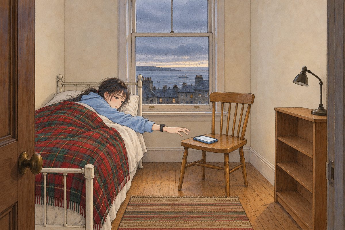 Saturday morning, twenty to eight, grey October light just coming up over the slate roofs and the grey sea in the tall window, rain on the glass. Xiaoyu lies curled in the bed on the LEFT under the tartan blanket, half asleep, one arm out reaching for her pale-blue phone, which has just lit up on the chair beside the bed. Her face in three-quarter in the middle band. The grey sky in the window above is the quiet area.