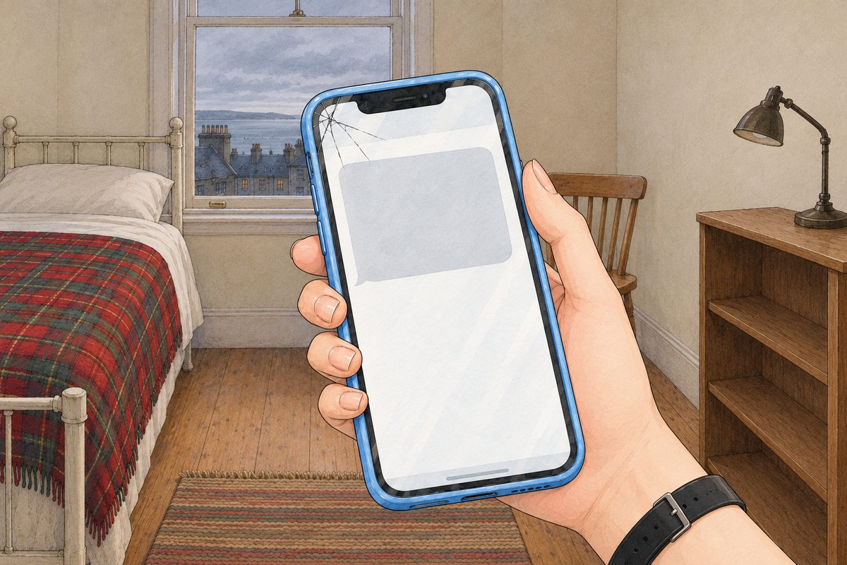 Grey morning light. Xiaoyu's hand holds the pale-blue phone the ordinary way, her black watch on her LEFT wrist at the edge. On the screen a chat: one long pale-grey message bubble on the left, the top of it. NO letters painted; the words are lettered in afterwards.