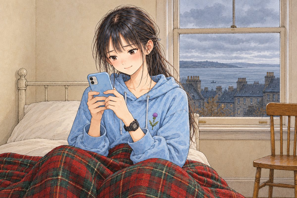 Grey morning, the light a little stronger. Xiaoyu sits up against the wall with the blanket round her, holding the phone up close in both hands, its screen to HER; she is wide awake and smiling, her eyes shining, reading it again. Her black watch on her LEFT wrist. Her face in the middle of the panel, turned a little left. The pale wall and window on the right are the quiet area.