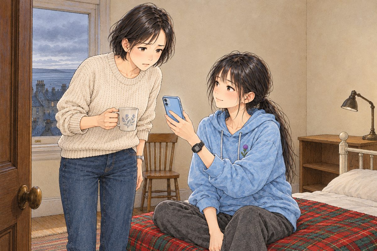 Grey morning. Mama in her oatmeal jumper and grey slippers stands in the doorway on the LEFT with a mug of tea, leaning to look at the phone Xiaoyu holds out to her. Xiaoyu on the bed on the RIGHT, still smiling, turns the screen towards Mama. Mama's face goes still and puzzled. Two faces in the middle band. The cream wall above them is the quiet area.