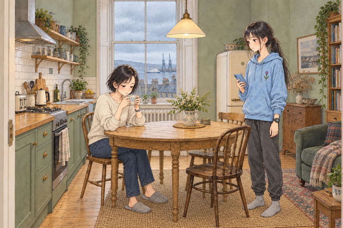 Saturday morning, grey light in the tall sash window, the sea grey, rain. Mama sits at the round pale wooden table on the LEFT with her tea in both hands, looking down into it. Xiaoyu stands on the RIGHT in her sky-blue hoodie, holding her phone, looking at Mama. Two faces in the middle band. The grey sky in the window is the quiet area.
