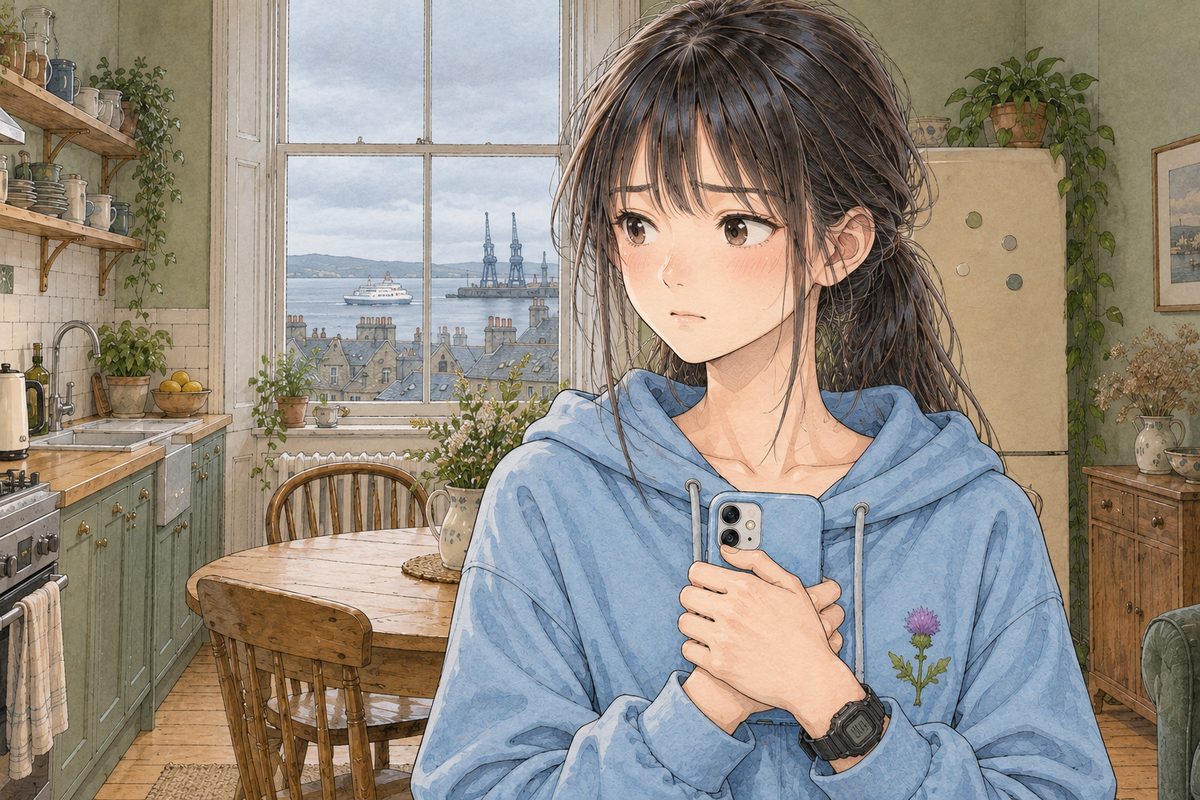 Grey morning light from the window on one side of her face. Xiaoyu looks LEFT at Mama off panel, the phone held against her chest, her brows drawn. Her face in the middle of the panel. Her hoodie below is the quiet area.