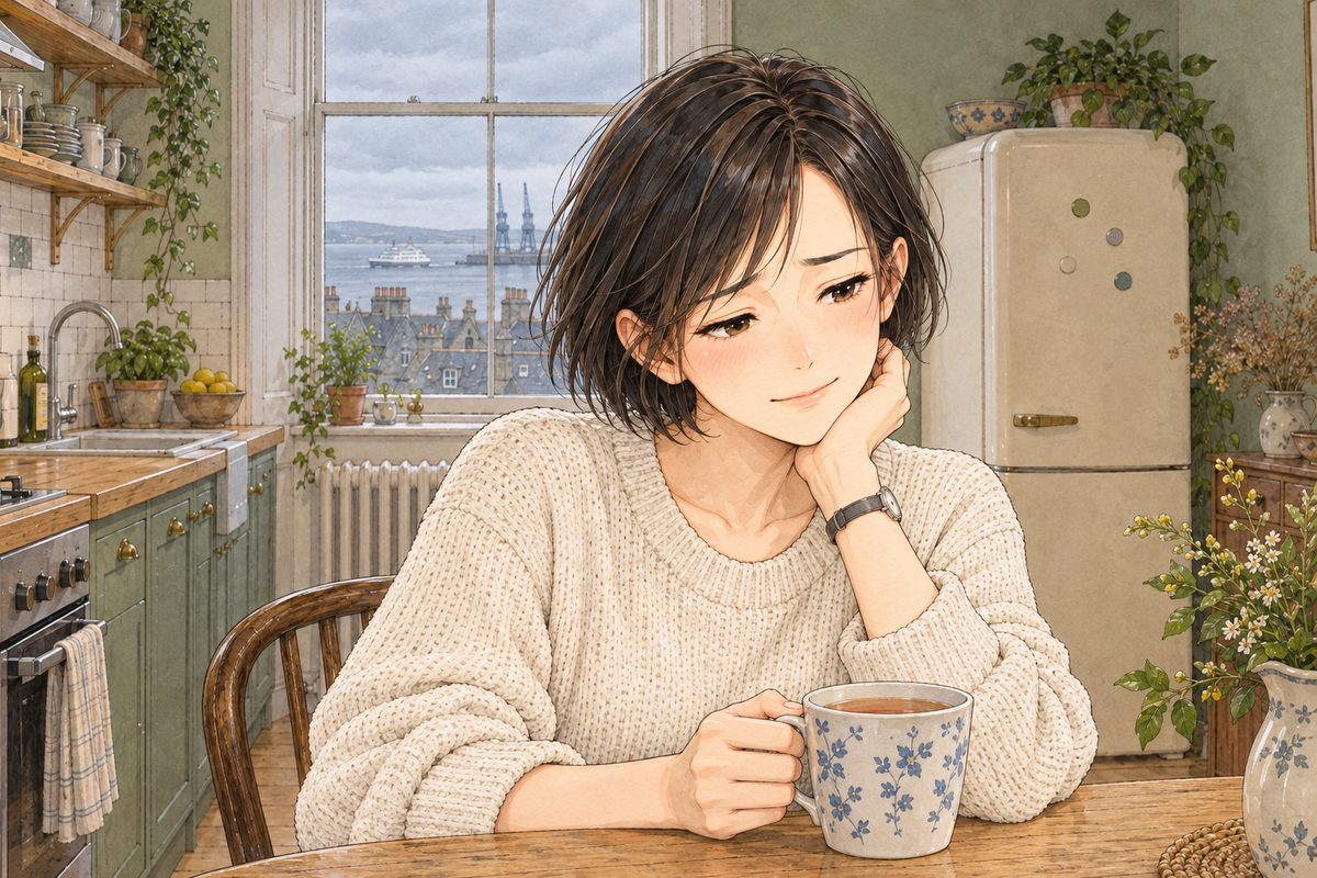 Grey morning light. Mama looks down and to the RIGHT, into her tea, not quite at Xiaoyu, a small closed smile. Her face in the middle of the panel. Her jumper and the mug below are the quiet area.