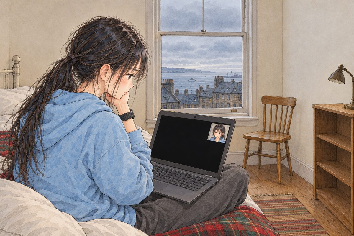 Saturday morning, grey light from the tall window. Over Xiaoyu's LEFT shoulder: she sits on the bed on the LEFT with her dark grey laptop open on her knees, its screen facing HER and us behind her: a video call with two squares, her own small face in the corner and the big square plain BLACK, no face, no icon. She looks at the black square, a little sad. Her black watch on her LEFT wrist. Her face in the middle band. The window and pale wall on the right are the quiet area.
