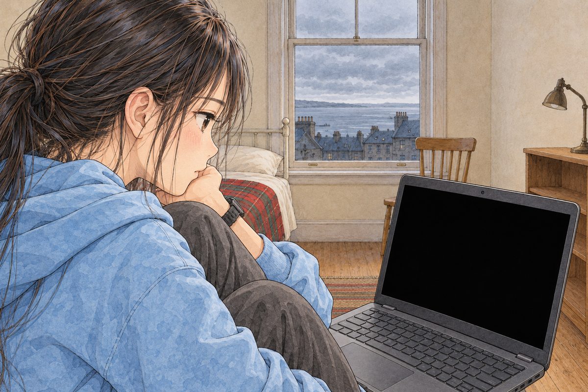Grey morning. Over Xiaoyu's LEFT shoulder, the laptop screen with the big plain BLACK call square. Xiaoyu's face in profile at the LEFT, thoughtful, chin on her knee. Her face in the middle band. The black square is the quiet area on the right.