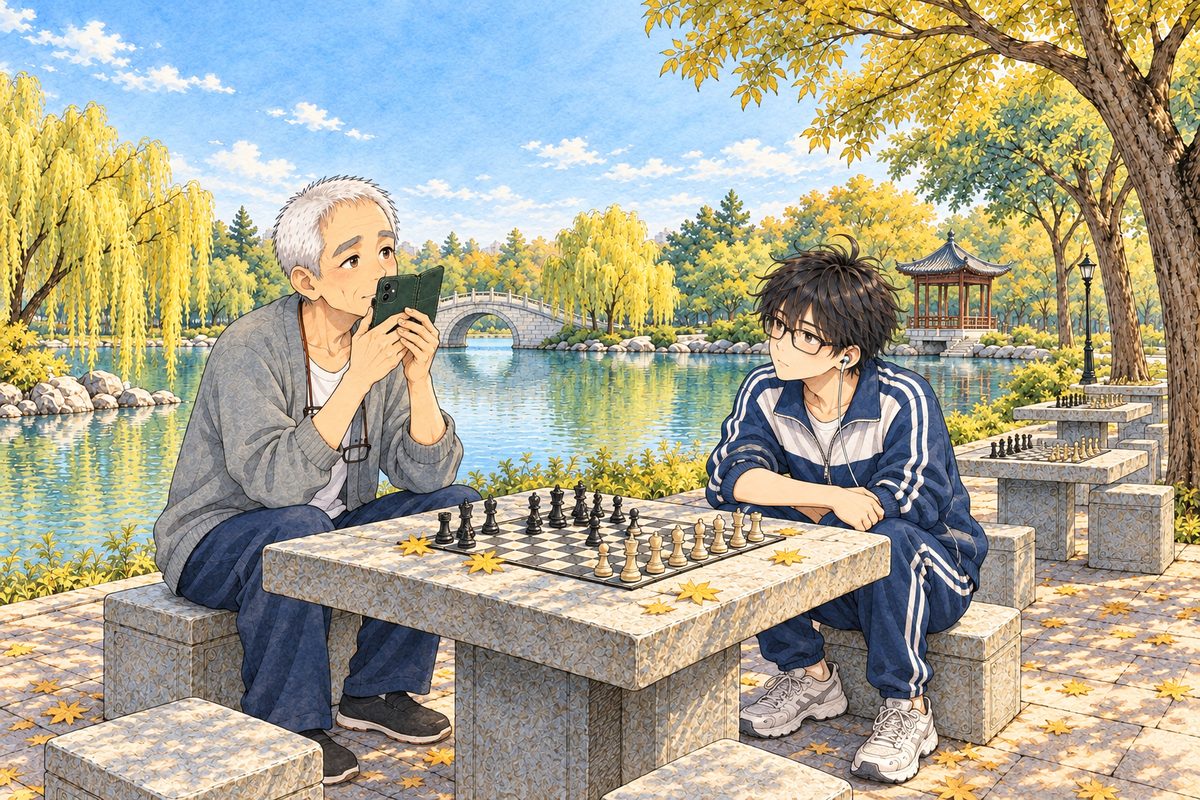 Bridge City, Saturday afternoon, half past two, mild golden October sun, the lake willows turning yellow, a few yellow leaves on the stone table and the chessboard. Grandpa Chen sits at the square stone table on the LEFT in his grey cardigan, holding his phone in its dark green flip cover close in front of his mouth in both hands, its screen towards HIM, speaking slowly into it, his eyes on the lake. Haoran, sixteen, in his navy tracksuit, crouches beside the table on the RIGHT, forearms on his knees, listening, his one white earbud in his LEFT ear (on the viewer's right as he faces us). Two faces in the middle band. The calm lake and yellow willows above are the quiet area.
