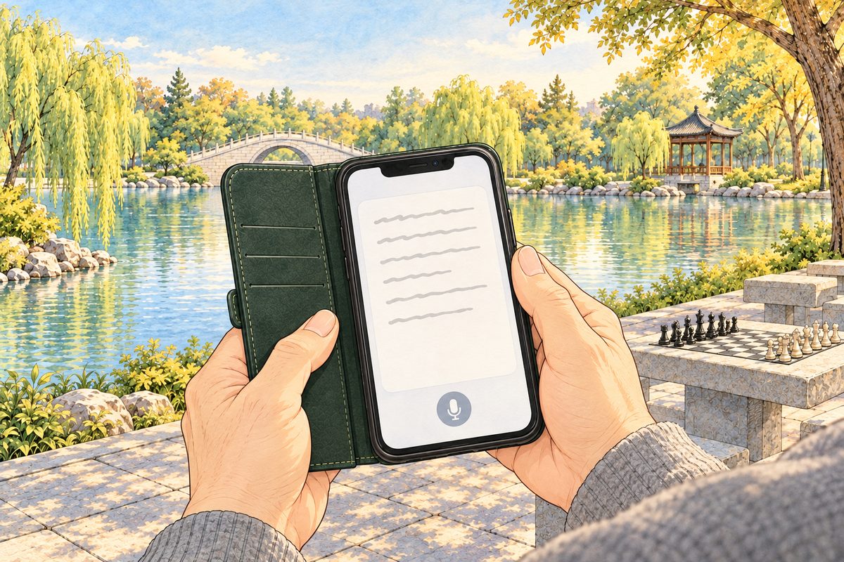Golden afternoon light. Over Grandpa's RIGHT shoulder, his big old hands hold the phone in its dark green cover, screen towards him and us: a plain pale message box filling up with a few lines of grey, and a small round microphone button at the bottom. NO letters painted.