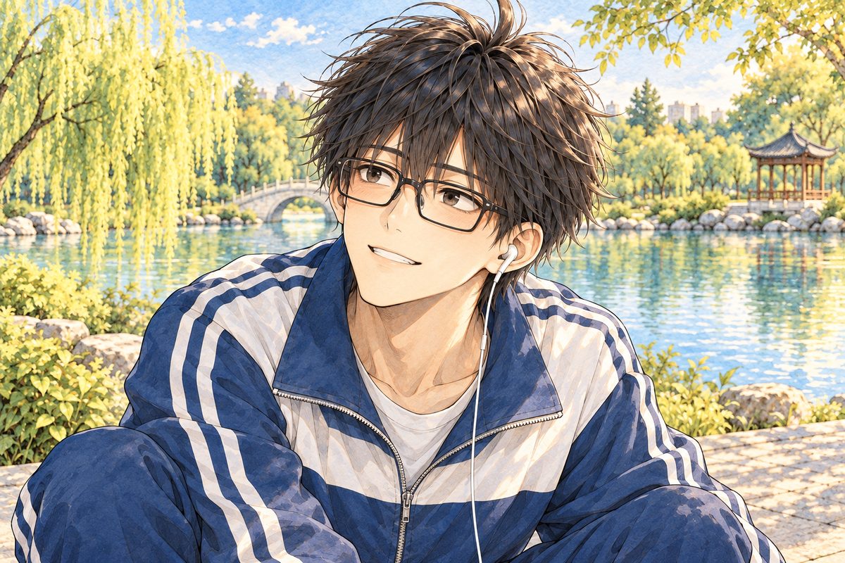 Golden afternoon, the yellow willows soft behind him. Haoran crouches and looks up and LEFT at Grandpa off panel, kind and coaxing, a gentle grin; his earbud in his LEFT ear, on the viewer's right. His face in the middle of the panel. His tracksuit below is the quiet area.
