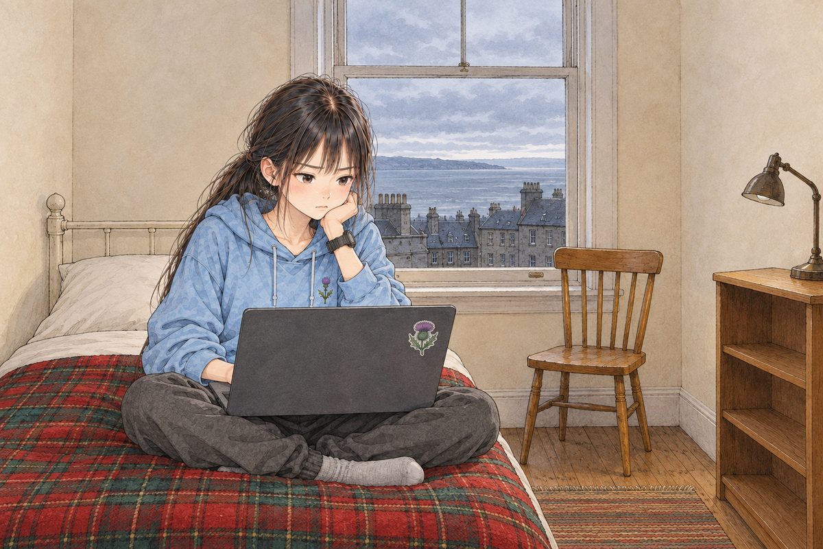 Edinburgh, Saturday morning, grey light from the tall window behind her. Xiaoyu sits on the bed with the laptop on her knees, its back towards us, listening hard, her chin on her fist. Her black watch on her LEFT wrist. Her face in the lower middle of the panel. The grey window and the pale wall above are the quiet area for the box.