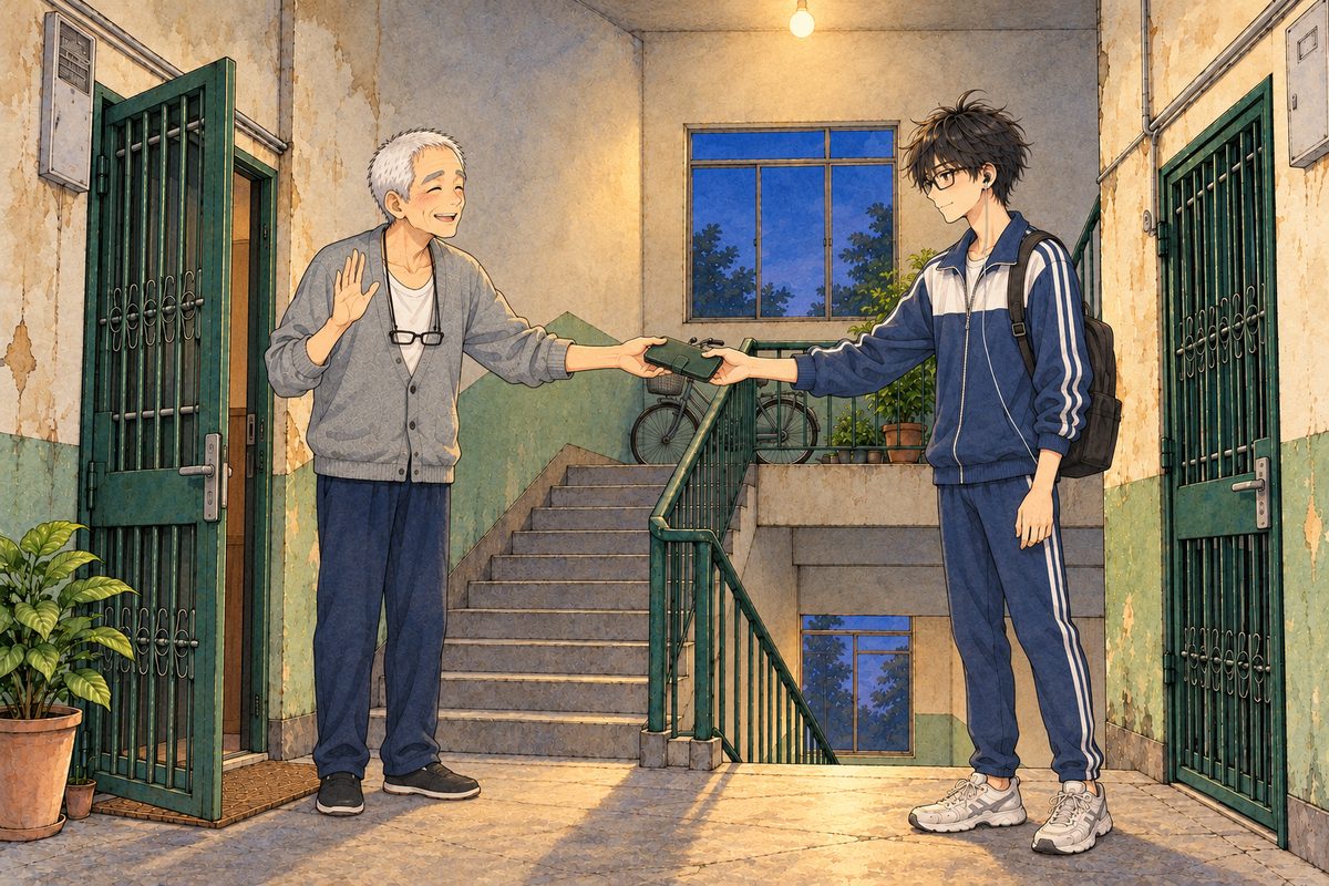 Bridge City, evening, the high window deep blue, the bulb on the landing ceiling ON with a small warm glow. Grandpa stands inside his open dark green security gate on the LEFT in his grey cardigan, handing his phone in its dark green flip cover across to Haoran, who takes it in one hand on the RIGHT, by his own family's door. Grandpa smiles, easy, waving it off. Haoran's earbud in his LEFT ear. Two faces in the middle band. The high window and pale wall above are the quiet area.