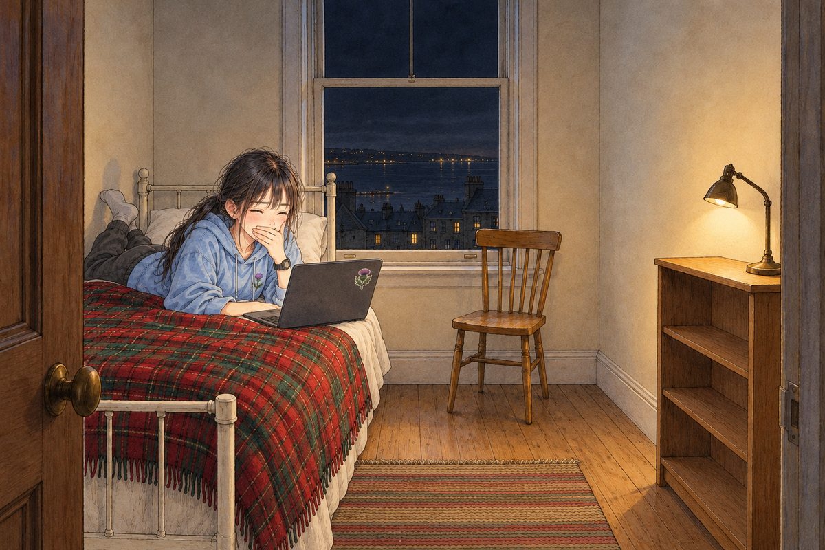Night in Edinburgh, ten o'clock, the tall window black with a few far harbour lights, the reading lamp on the shelf on with a small warm glow. Xiaoyu lies on her front on the bed under the tartan blanket's edge, the laptop open in front of her, its back half to us, the glow of its black call square on her face; she is laughing at something, one hand over her mouth. Her black watch on her LEFT wrist. Her face in the middle band. The black window and dark ceiling above are the quiet area.