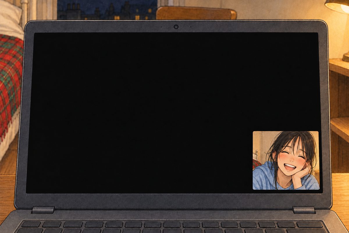 Night, lamplight at the edge. The laptop screen: the big call square plain BLACK, no face, no icon, and Xiaoyu's own small face in the corner, laughing. NO letters painted.