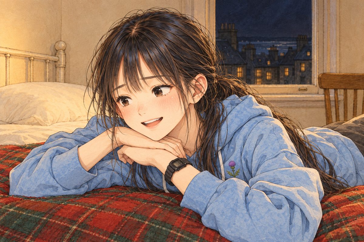 Night, warm lamplight on her face. Xiaoyu lies with her chin on her stacked hands, looking LEFT at the laptop off panel, grinning, finishing his sentence. Her face in the middle of the panel. The tartan blanket below is the quiet area.