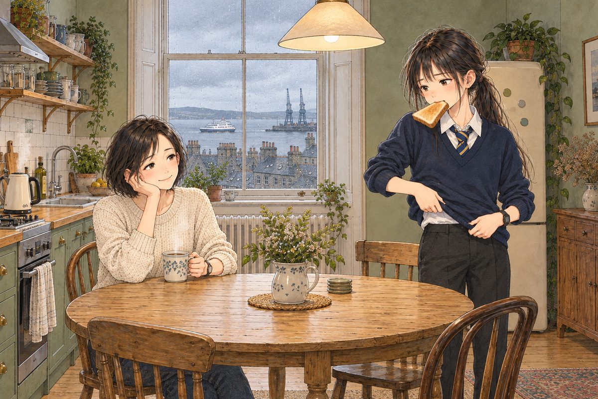 Monday morning, half past seven, grey light, rain on the tall window, the kettle steaming on the LEFT worktop. Mama sits at the round table on the LEFT with her tea, eyebrows up, half amused. Xiaoyu on the RIGHT stands pulling on her school jumper over her white shirt and striped tie, a slice of toast in her mouth. Two faces in the middle band. The window and grey sky above are the quiet area.