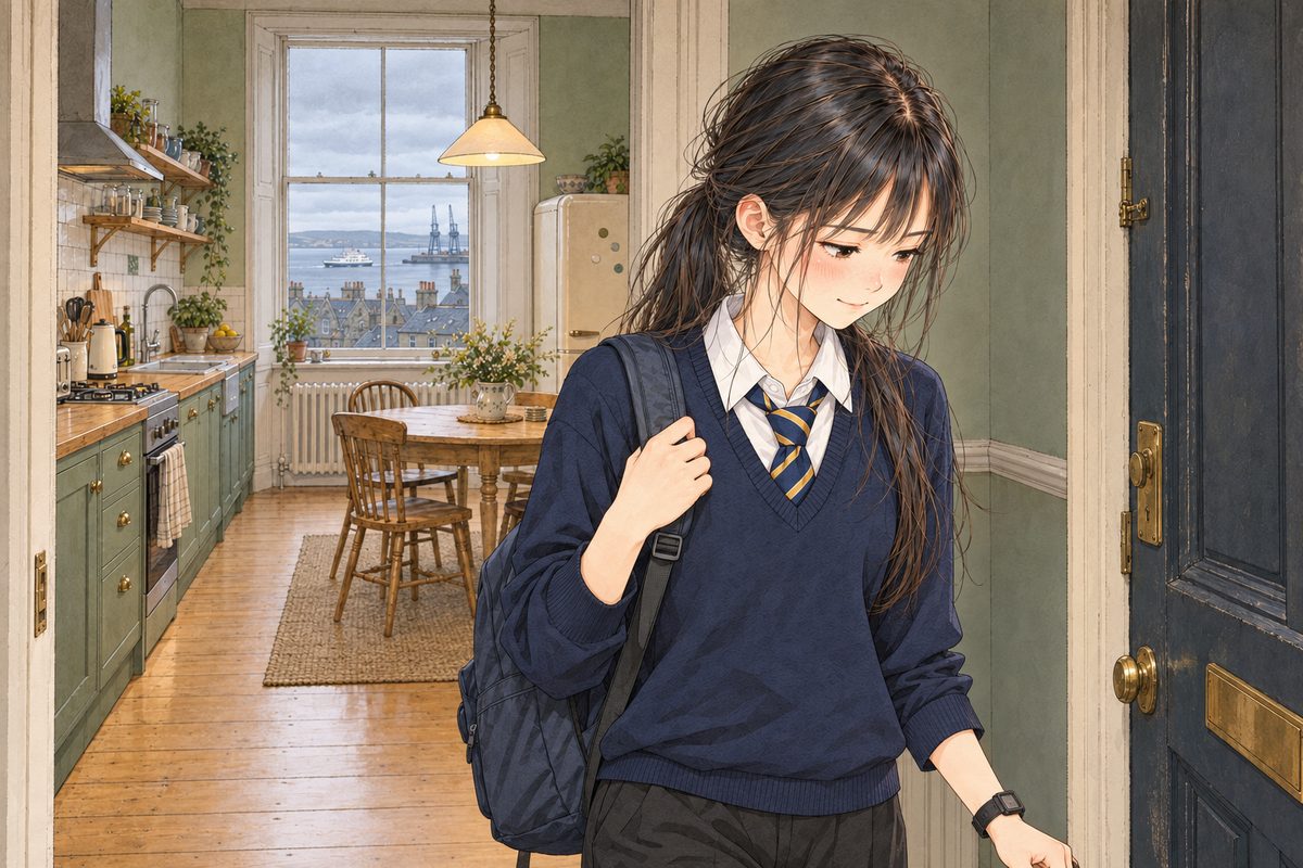 Monday morning, grey light from the kitchen behind her. Xiaoyu in her school uniform, her dark blue backpack on one shoulder, turns away at the door, her cheeks pink, a small private smile she hides by looking down. Her black watch on her LEFT wrist. Her face in three-quarter in the middle of the panel. The dim hall wall above is the quiet area.
