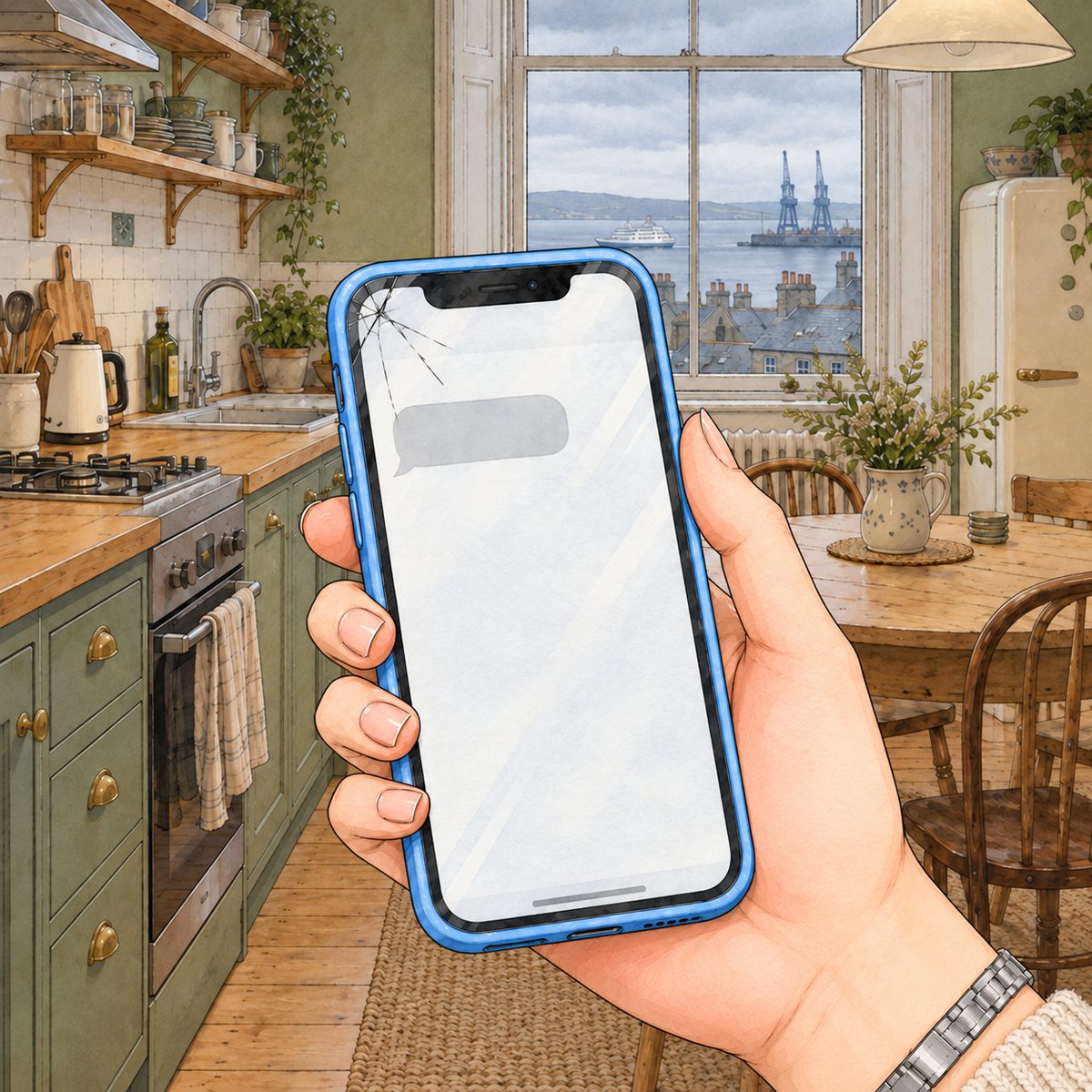 Grey morning light. Mama's hand holds her phone, her thin silver watch at the edge. On the screen one pale-grey message bubble on the left. NO letters painted.