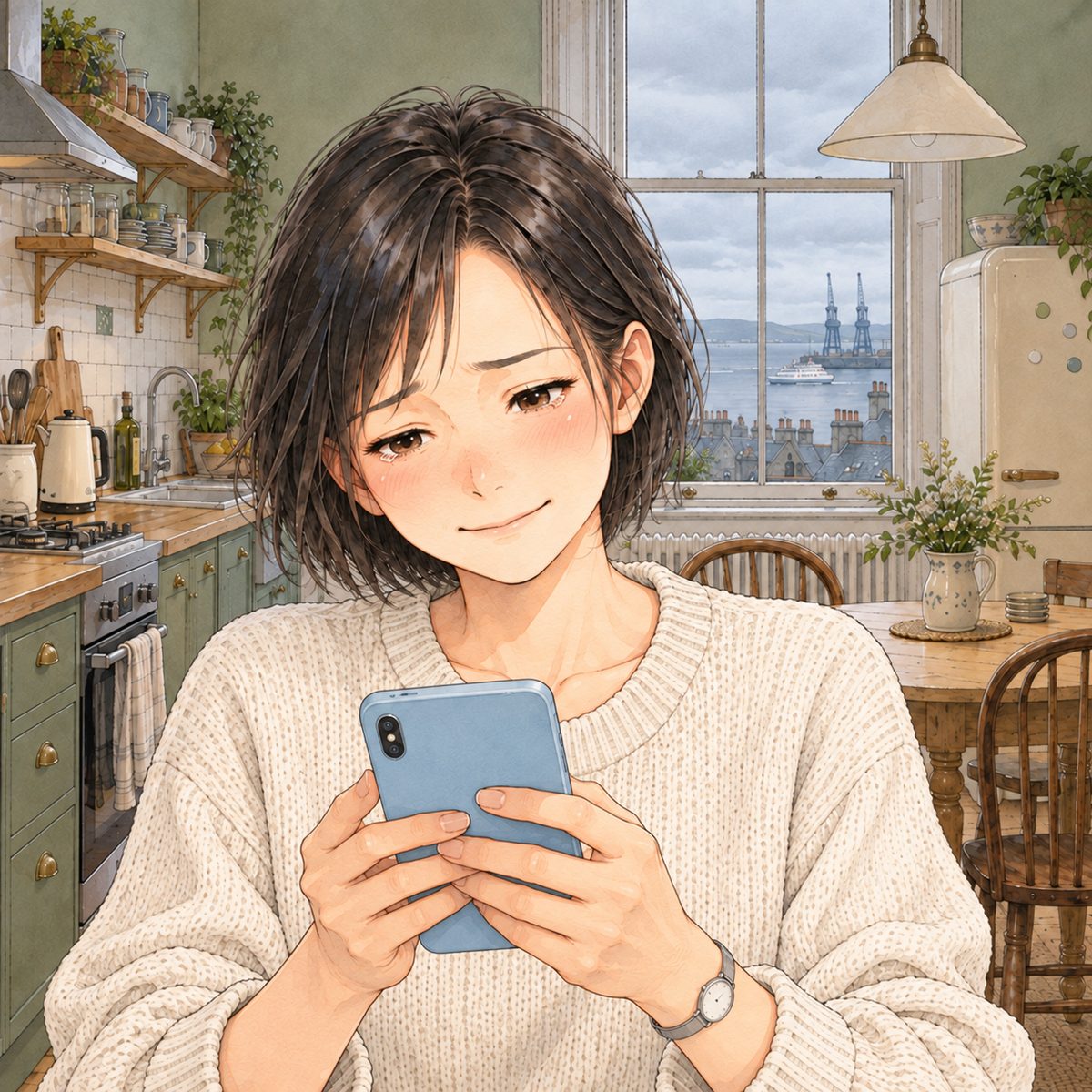 Grey morning light on one side of her face. Mama looks down at the phone, her eyes wet, smiling with her lips pressed together. Her face in the middle of the panel. Her jumper below is the quiet area.