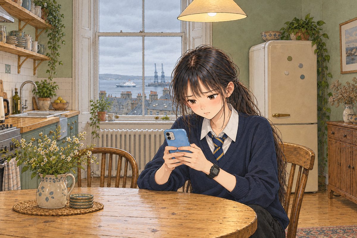 The same grey morning. Xiaoyu in her school uniform sits at the RIGHT of the round table with her own pale-blue phone, its screen to HER, her brows a little drawn. Her black watch on her LEFT wrist. Her face in the lower middle of the panel. The grey window and the pale wall above are the quiet area for the box.