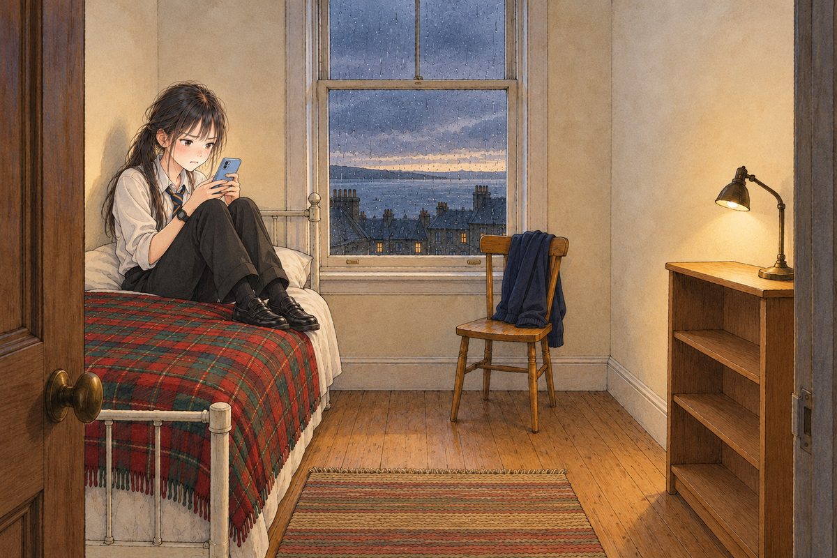 Thursday afternoon, four o'clock, already dusky, rain on the tall window, the reading lamp on. Xiaoyu, home from school, still in her white shirt and striped tie, her school jumper thrown on the chair, sits against the wall on the bed on the LEFT with her knees up, typing on her phone with both thumbs, its screen to HER, biting her lip. Her black watch on her LEFT wrist. Her face in the middle band. The rainy window above is the quiet area.