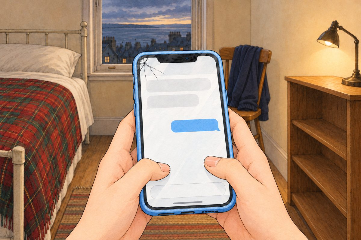 Dusky lamplight. Xiaoyu's two thumbs on the pale-blue phone; on the screen one sky-blue bubble on the right, just sent. NO letters painted.
