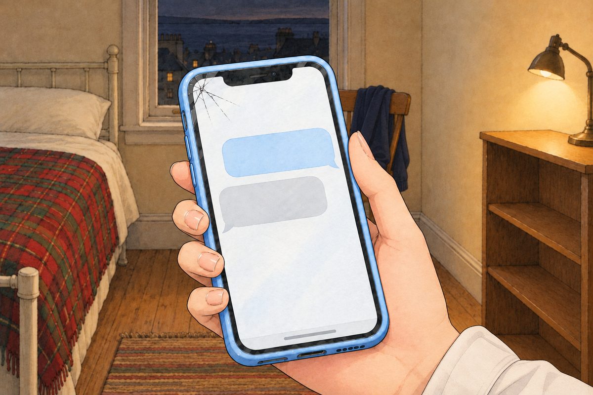 Lamplight, a little darker. The same screen: her sky-blue bubble on the right, and under it a new pale-grey bubble on the left. NO letters painted.