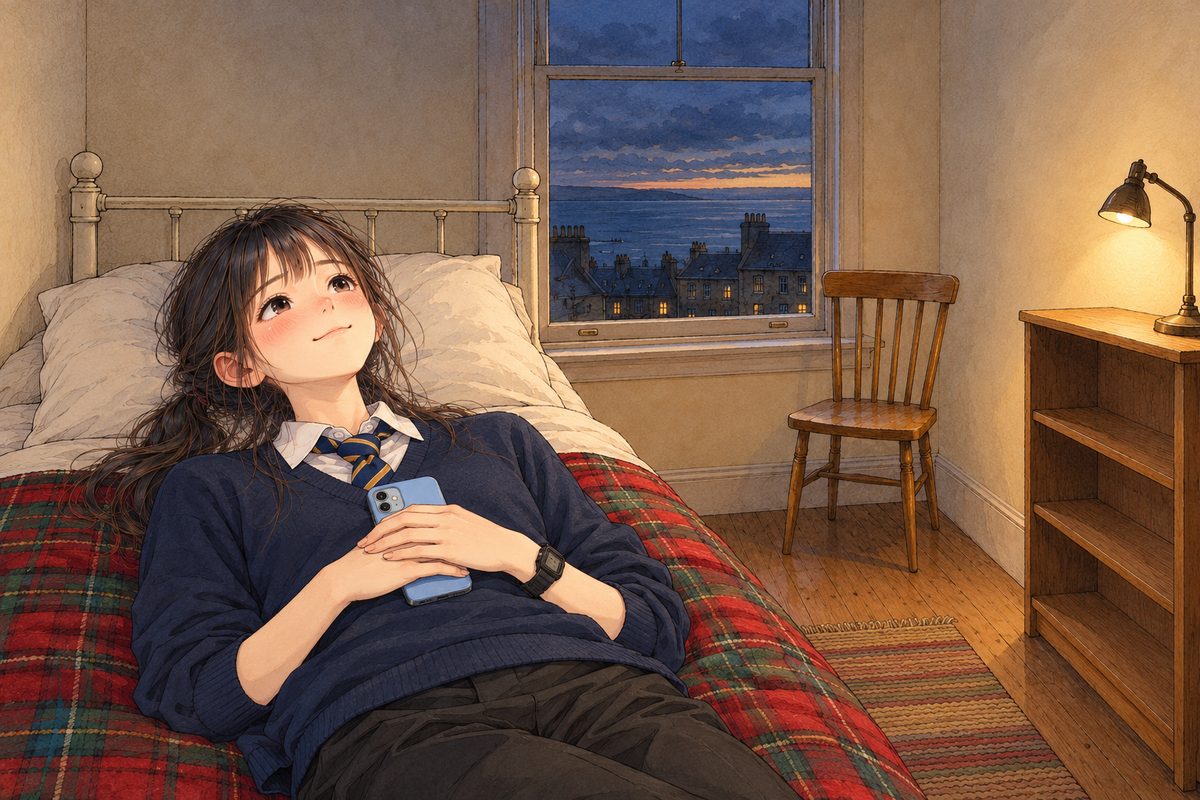 Dusk, the window dark blue, lamplight. Xiaoyu lies back on the bed, the phone face down on her chest under both hands, smiling up at the ceiling, happy and embarrassed. Her black watch on her LEFT wrist. Her face in the lower middle of the panel. The dark ceiling and window above are the quiet area for the box.