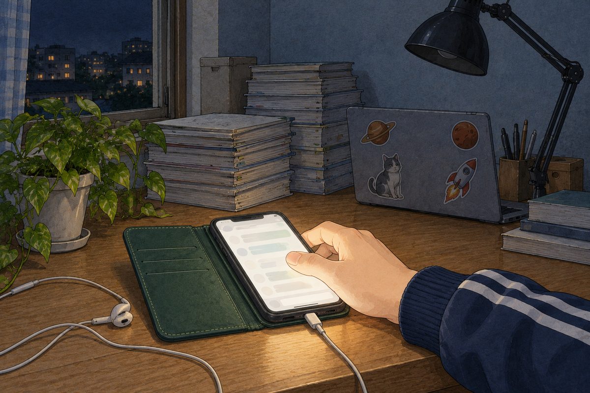 Bridge City, late at night, the small window on the LEFT black with a few far lit windows, the desk lamp OFF. On the honey wooden desk Grandpa's phone in its dark green flip cover lies open, plugged in to charge, its screen glowing pale; a boy's hand in a navy tracksuit sleeve with two white stripes rests beside it, one thumb on the screen; the white earbud wire trails across the desk. NO face, only the hand and sleeve. The stacks of blank exam books are dark shapes behind. The black window is the quiet area. NO letters painted on the screen.