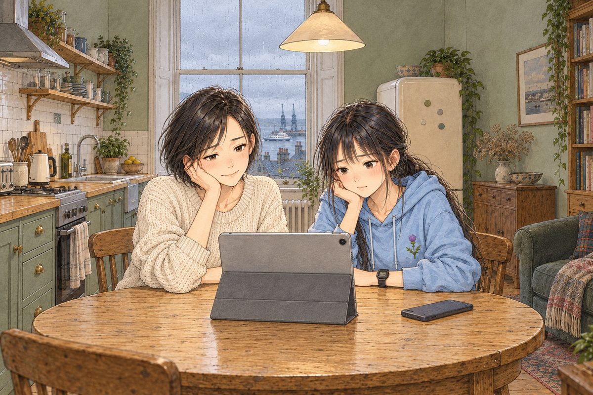 Sunday morning, nine o'clock, flat grey light, rain on the window. Mama and Xiaoyu sit side by side at the round table, Mama on the LEFT and Xiaoyu on the RIGHT, both leaning towards the tablet standing in its grey cover, its screen to them, its back half to us. Xiaoyu has her phone face down by her hand. Two faces in the middle band. The grey window above is the quiet area.