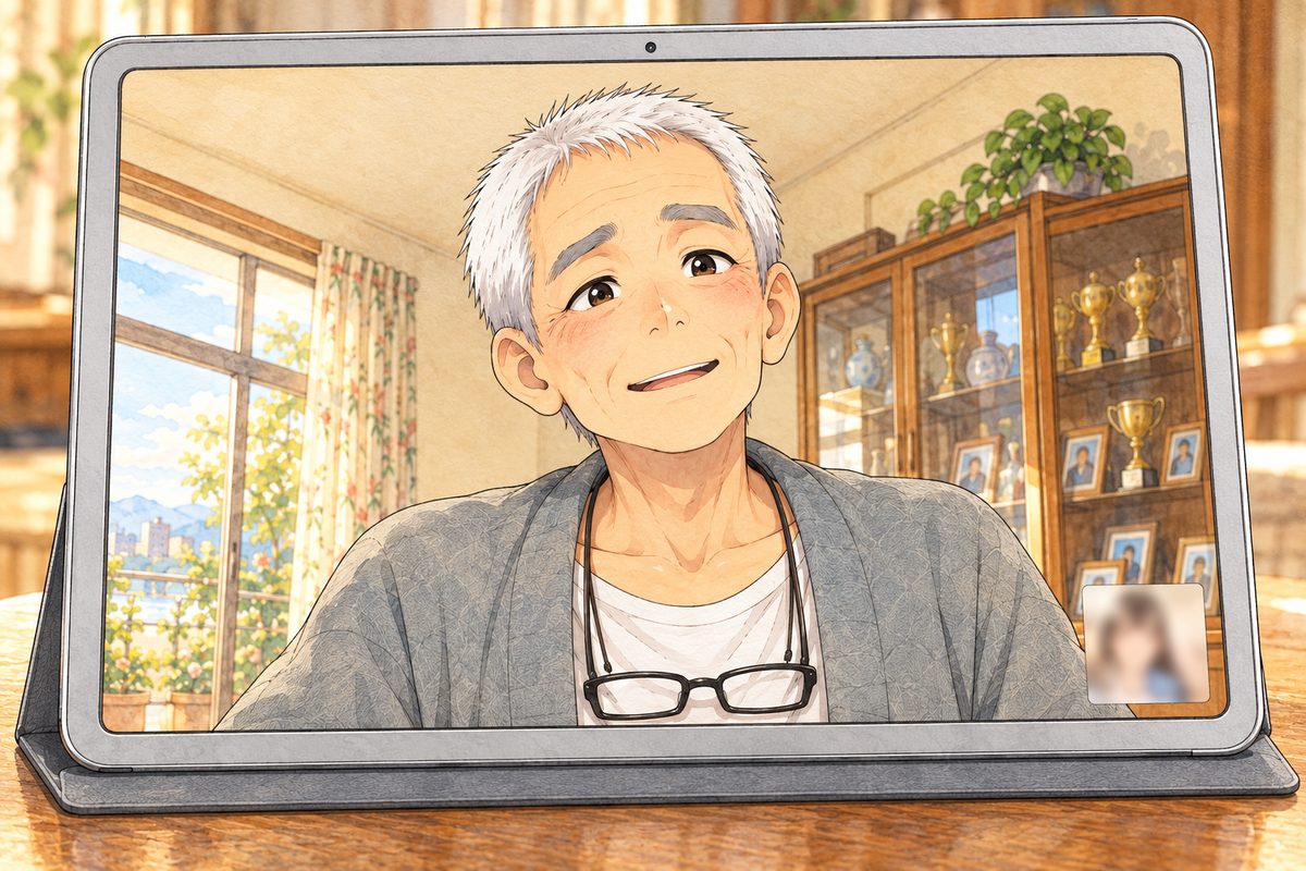 On the tablet screen, Bridge City at four in the afternoon, warm low light: Grandpa's face and shoulders a little from below, as Auntie Zhang's phone sees him, his cream wall and glass cabinet behind. He squints at the screen, kind and lost, then brightens at the wrong name. His face in the middle of the screen. His cardigan below is the quiet area.