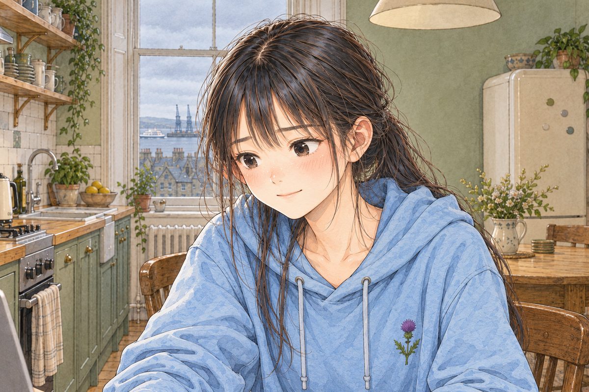 Edinburgh, grey Sunday light. Xiaoyu leans in towards the tablet off panel on the LEFT, trying to smile, hopeful. Her face in the middle of the panel. Her hoodie below is the quiet area.