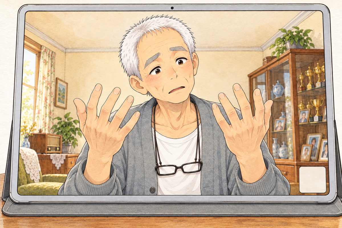 On the tablet screen, Bridge City afternoon light. Grandpa holds his two big old hands up in front of him and looks at them, turning them over, puzzled and a little ashamed. His face in the middle of the screen above his hands. The cream wall behind him is the quiet area.