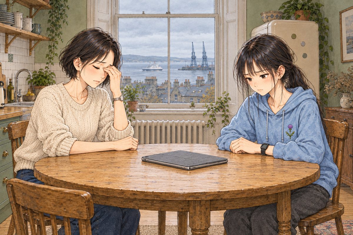 Grey Sunday morning, the tablet now dark and folded flat on the table. Mama on the LEFT rubs her eyes with one hand, tired. Xiaoyu on the RIGHT sits very straight, staring at the dark tablet, her jaw set. Her black watch on her LEFT wrist. Two faces in the middle band. The grey window above is the quiet area.