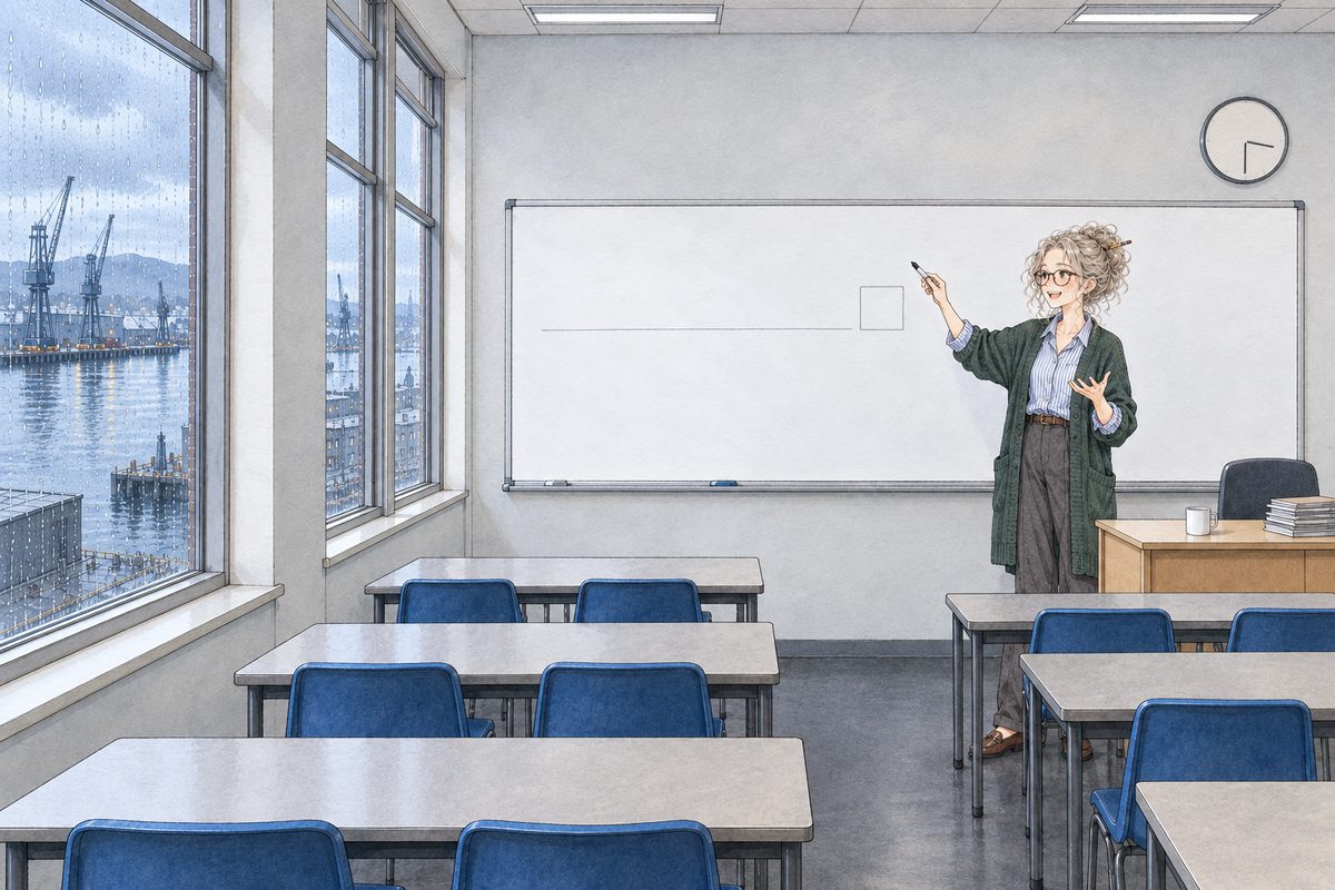 Thursday after school, half past three, grey light from the rain-streaked windows on the LEFT, the room lights on. On the whiteboard one line of big hand-printed letters with a gap at the end, the letters left BLANK for lettering; NO letters painted, only the faint line under where they go and an empty box at the end. Ms Rennie in her green cardigan stands at the RIGHT, marker up, looking LEFT at the class, delighted. Her face in the middle band. The wall above the board is the quiet area.