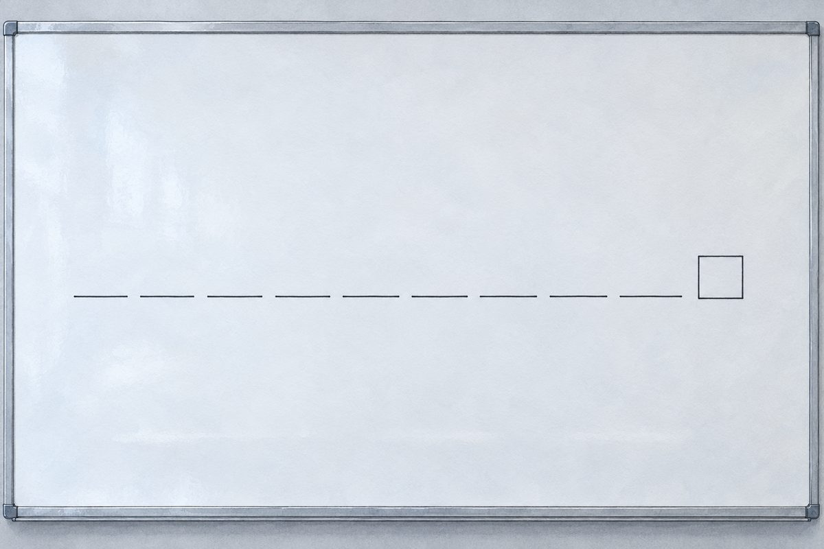 Thursday afternoon, flat light on the whiteboard. A row of hand-printed letter spaces and one empty box at the end, each space EMPTY; the words are lettered in afterwards. NO letters painted.
