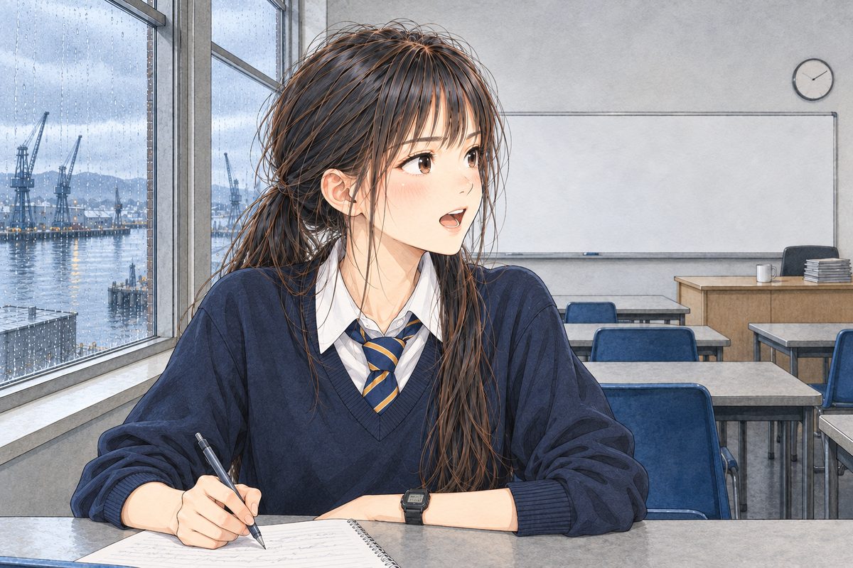 Thursday afternoon, the rainy window behind her on the left. Xiaoyu sits at her window desk and calls out the answer, looking RIGHT at the board off panel, quick and sure. Her black watch on her LEFT wrist. Her face in the middle of the panel. Her jumper below is the quiet area.