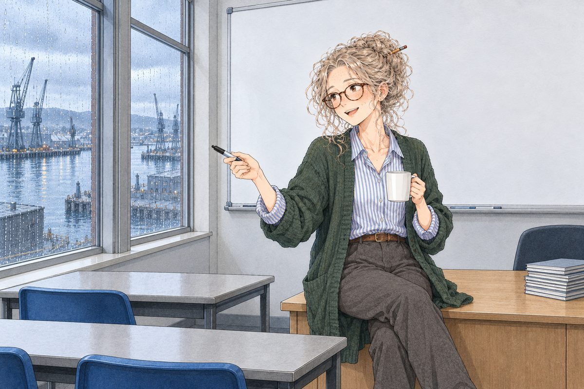 Thursday afternoon, grey light. Ms Rennie perches on the edge of her desk on the RIGHT, her white mug in one hand, pointing her marker LEFT at the class. Her face in the lower middle of the panel. The plain whiteboard above is the quiet area for the box.