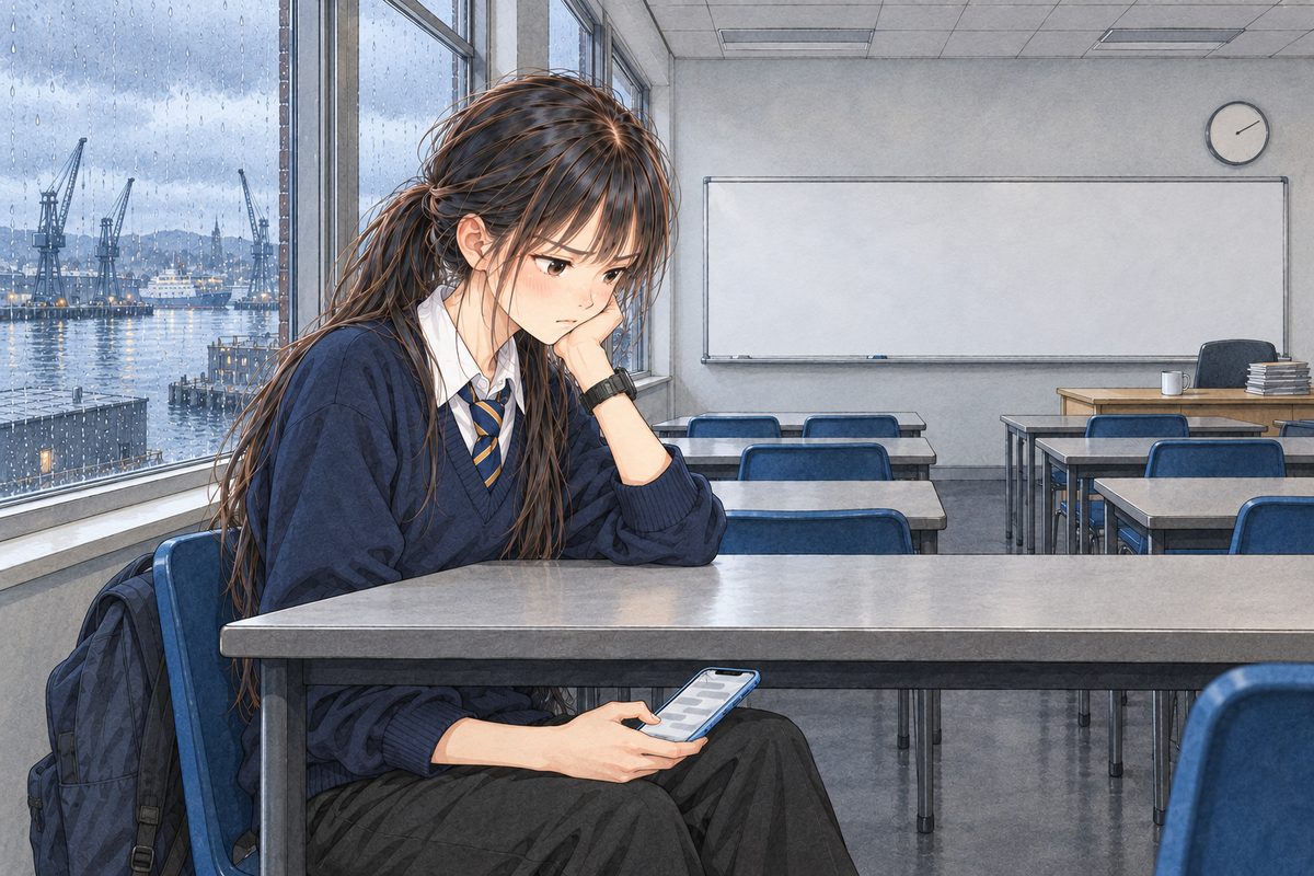 Thursday afternoon, the windows going grey-blue, the harbour cranes faint in the rain. Xiaoyu sits at her window desk on the LEFT of the panel and looks down at her phone on her knee under the desk, its screen to HER, thinking hard, not smiling now. Her black watch on her LEFT wrist. Her face in the middle band. The rainy window and grey sky above are the quiet area.