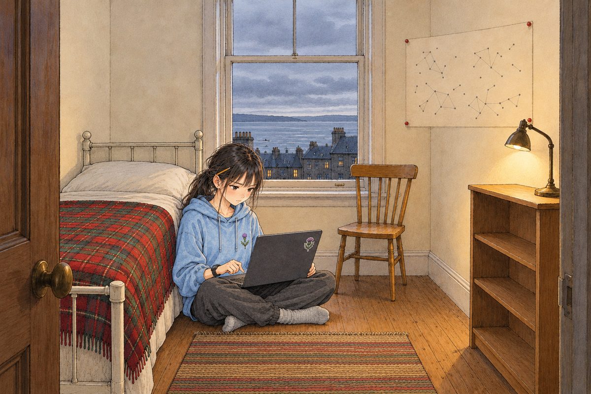Saturday afternoon, grey light from the tall window, the reading lamp on. Xiaoyu sits cross-legged on the floor with her back against the bed, the laptop open on her knees, its back half to us; on the cream wall to the RIGHT of the window her paper word map from long ago is pinned with four red pins (its words left blank). She leans in, counting, a pencil behind her ear. Her black watch on her LEFT wrist. Her face in the middle band. The window and the pale wall above are the quiet area.