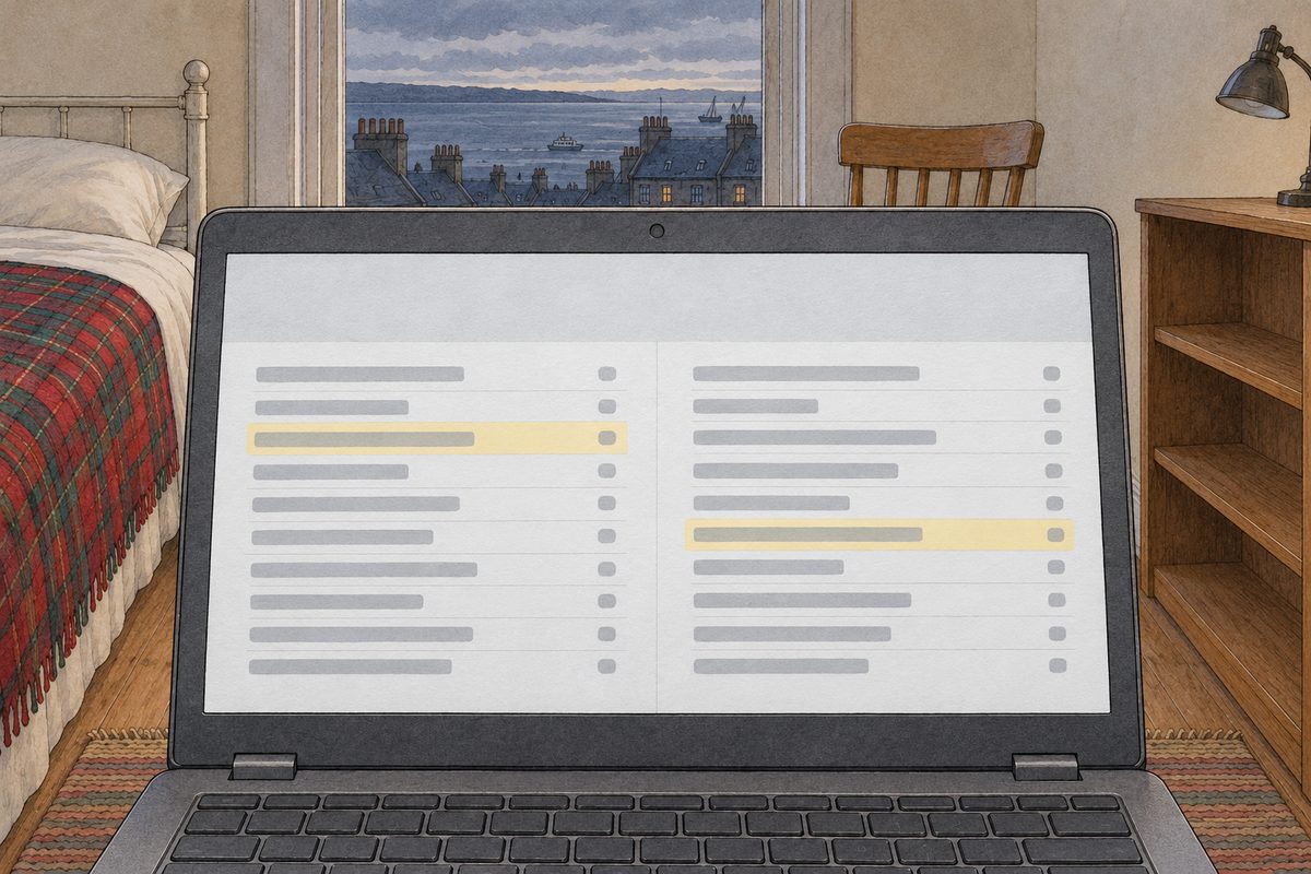 Grey afternoon light. The laptop screen shows two plain columns side by side, each a list of short grey rows with a small number at the end, and one row in each column highlighted pale yellow. NO letters or numbers painted.
