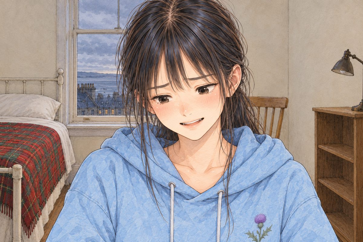Grey afternoon light. Xiaoyu looks down at the laptop off panel, half laughing, half unsettled. Her face in the middle of the panel. Her hoodie below is the quiet area.