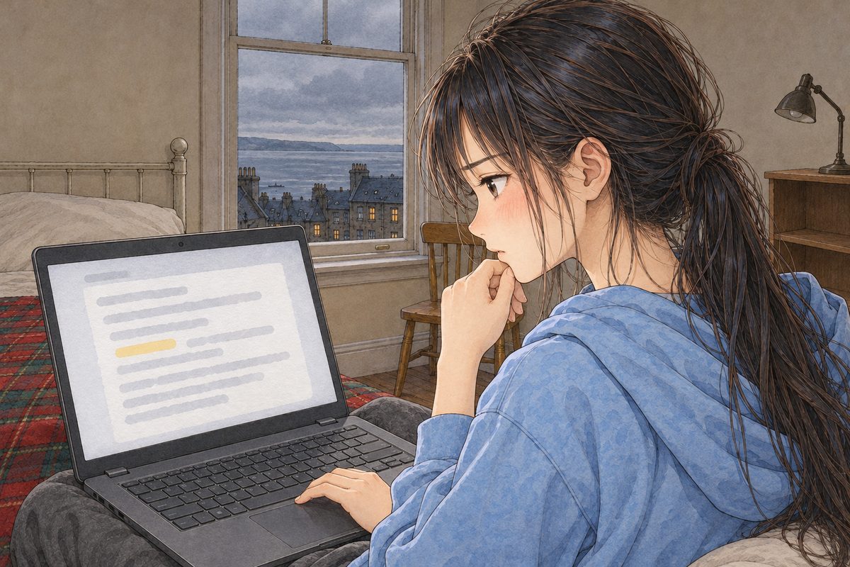Grey afternoon, a little darker. Over Xiaoyu's RIGHT shoulder, the laptop screen on the LEFT of the panel with one message open and one word in it highlighted pale yellow (NO letters painted); Xiaoyu's face in profile at the RIGHT, frowning, then easing, as if she has found the answer. Her face in the middle band. The dark corner above is the quiet area.