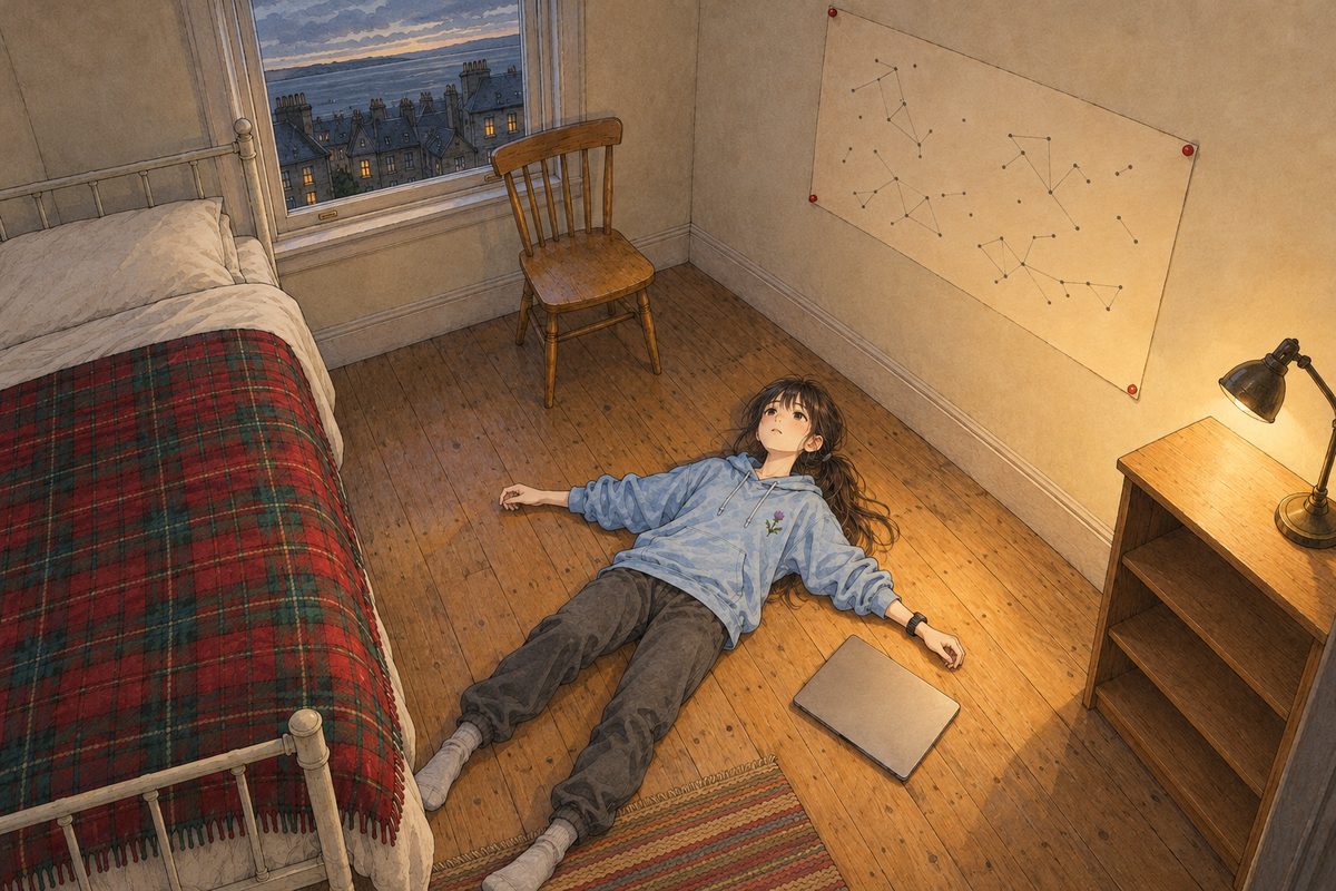 Late Saturday afternoon, the light nearly gone, the lamp the only warm light. Xiaoyu lies on her back on the floor by the bed, arms out, staring up, the laptop closed beside her. Her face in the lower middle of the panel. The bare floorboards and the dim wall above her head are the quiet area for the box.