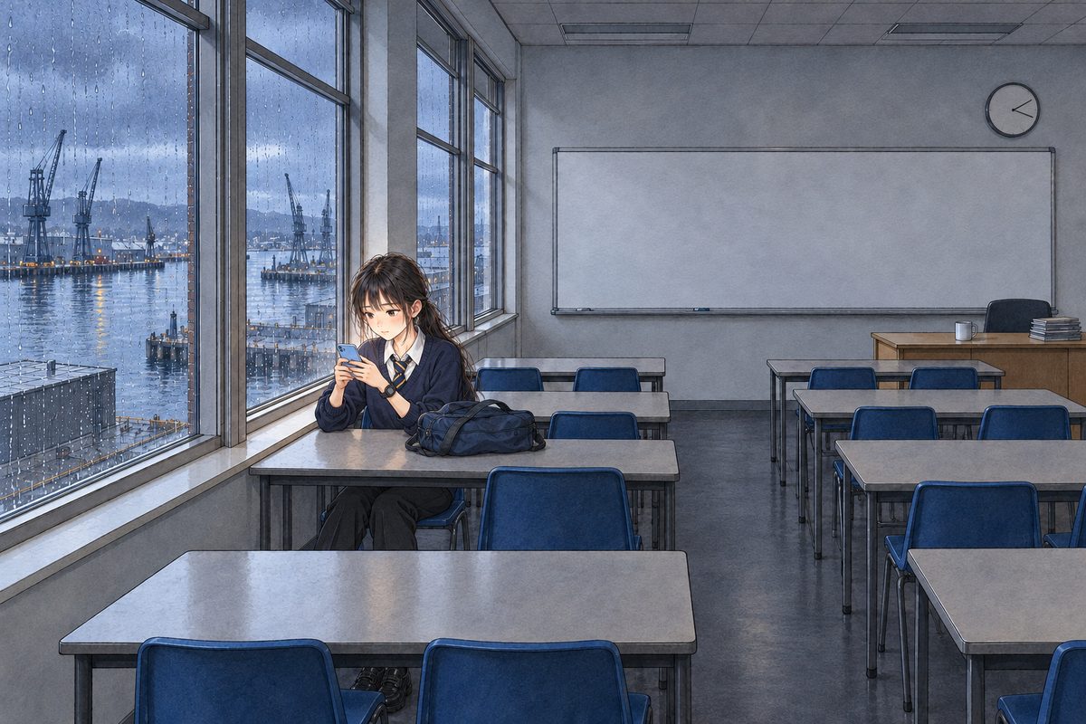 Tuesday, ten past four, the classroom empty after school, the lights off, grey-blue dusk and rain at the tall windows on the LEFT, the harbour cranes dark shapes. Xiaoyu sits alone at her window desk, her backpack on the desk, typing on her phone with both thumbs, its screen to HER. Her black watch on her LEFT wrist. Her face in the middle band. The dim empty rows of desks on the right are the quiet area.