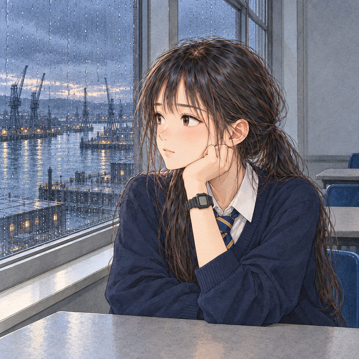 Dusk at the rainy window. Xiaoyu rests her chin on her LEFT fist, her black watch close to her face, and looks LEFT out at the rain, waiting, sure of the answer. Her face in the middle of the panel. The dark window glass behind her is the quiet area.