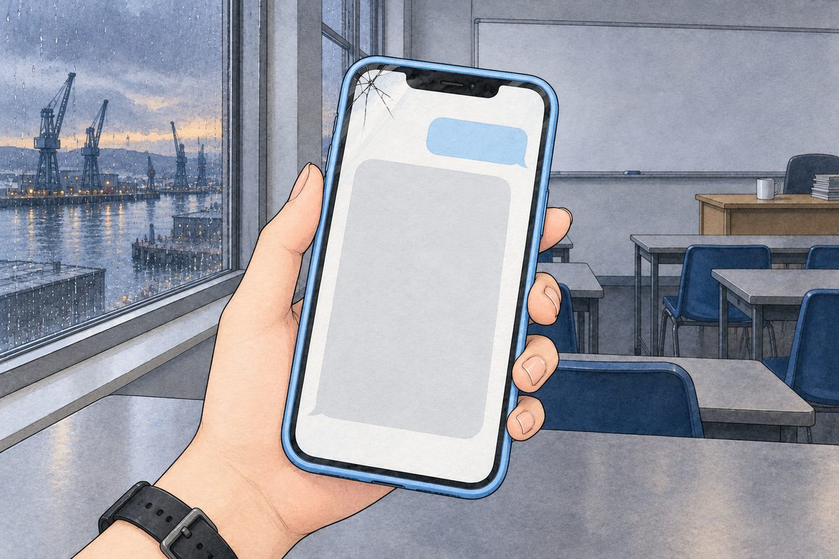 Dusk light. Xiaoyu's hand holds the pale-blue phone, her black watch on her LEFT wrist at the edge. Under her sky-blue bubble, a long pale-grey bubble on the left fills most of the screen. NO letters painted.