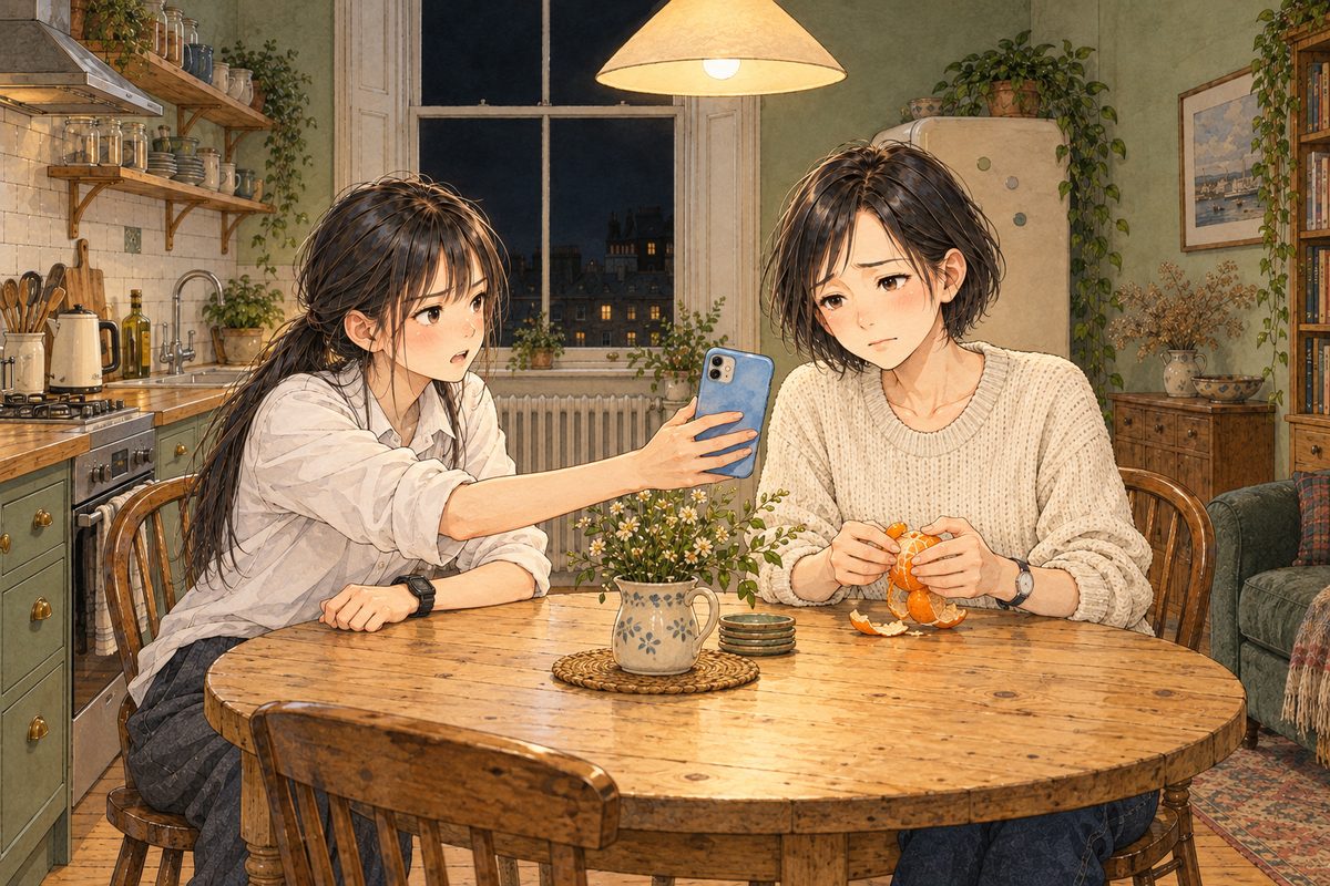 Tuesday evening, the window black, the low lamp over the round table on. Xiaoyu on the LEFT, still in her school shirt, holds her phone out across the table to Mama, screen towards Mama, urgent. Mama on the RIGHT, peeling a clementine, looks at it. Two faces in the middle band. The black window above is the quiet area.